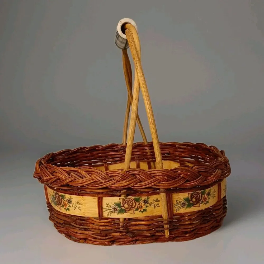 Wicker Woven Basket Porcelain Blue and White Flower Handles 8